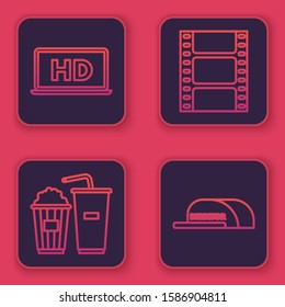 Set line Laptop screen with HD video technology , Popcorn and soda drink glass, Play Video  and Cap with inscription director . Blue square button. Vector