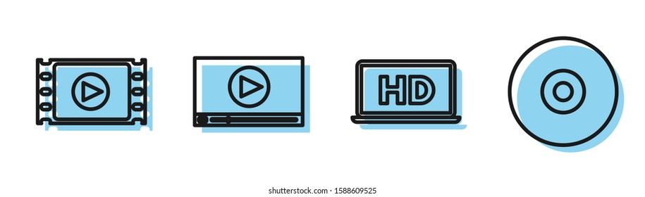 Set line Laptop screen with HD video technology , Play Video , Online play video  and CD or DVD disk  icon. Vector