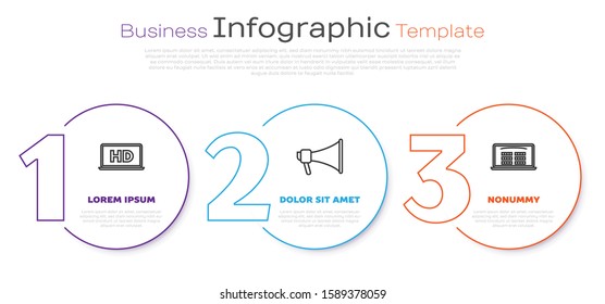 Set line Laptop screen with HD video technology , Megaphone  and Buy cinema ticket online . Business infographic template. Vector