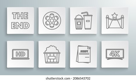 Set line Laptop screen with HD video technology, Film reel, Popcorn in cardboard box, Scenario, and soda drink glass, Carpet barriers star and The End handwritten inscription icon. Vector
