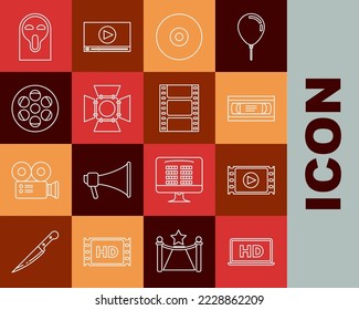 Set line Laptop screen with HD video technology, Play Video, VHS cassette tape, CD or DVD disk, Movie spotlight, Film reel, Funny and scary ghost mask and  icon. Vector