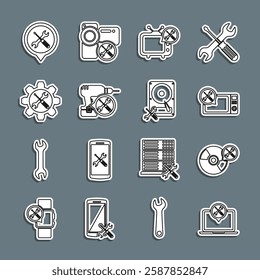 Set line Laptop service, CD or DVD disk, Microwave oven, Tv, Drill machine, Wrench and screwdriver gear, Location and Hard icon. Vector