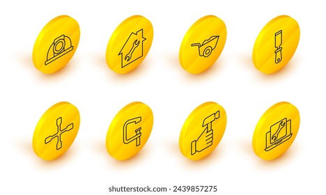 Set line Laptop service, Hammer, Clamp and screw tool, Wheel wrench, Rasp metal file, Wheelbarrow, House repair and Worker safety helmet icon. Vector