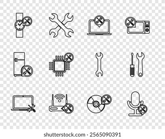 Set line Laptop service, Microphone, Router wi-fi with, Wrist watch, Processor, CD DVD disk and Screwdriver and wrench icon. Vector