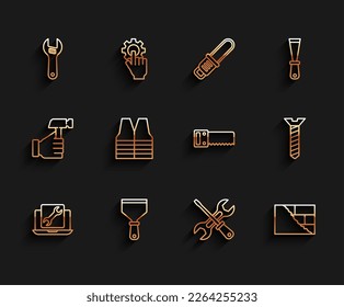 Set-Linie Laptop-Service, Putty-Messer, Einstellbarer Schlüssel, Schraubenzieher und, Ziegel, Sicherheitsweste, Metallschraube und Handsäge Icon. Vektorgrafik