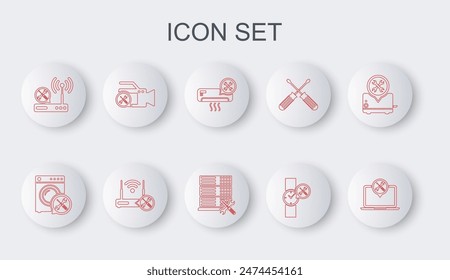 Set line Laptop service, Washer, Air conditioner, Wrist watch, Router wi-fi, Video camera, with and Database server icon. Vector
