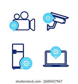 Set line Laptop setting, Refrigerator, Security camera and Video icon. Vector