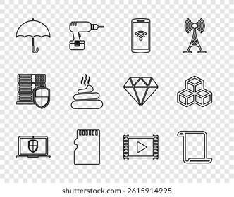 Set line Laptop with shield, Paper scroll, Smartphone wireless, Micro SD memory card, Umbrella, Shit, Play Video and Isometric cube icon. Vector
