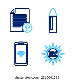 Set line Laptop with shield, speakers, Key and Document protection icon. Vector