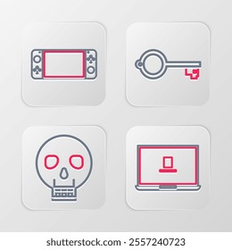 Set line Laptop, Skull, Ancient key for game and Portable video console icon. Vector