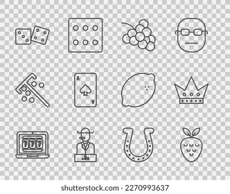 Set line Laptop and slot machine, Casino with strawberry, grape, Poker player, Game dice, Playing card spades, Horseshoe and King playing icon. Vector