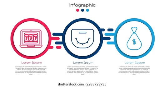 Set line Laptop and slot machine, Poker table and Money bag. Business infographic template. Vector