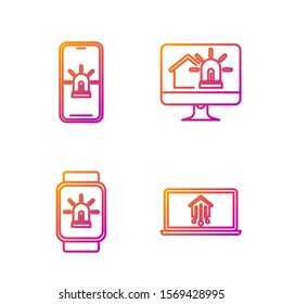 Set line Laptop with smart home, Smart watch with smart house and alarm, Mobile phone with smart house and alarm and Computer monitor. Gradient color icons. Vector