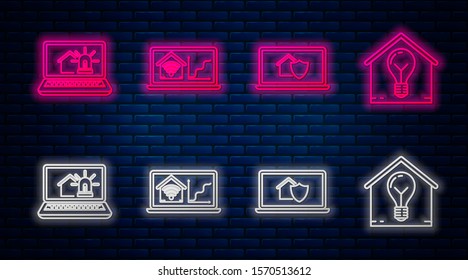 Set line Laptop with smart home with wi-fi, Laptop with house under protection, Laptop with smart house and alarm and Smart house and light bulb. Glowing neon icon on brick wall. Vector