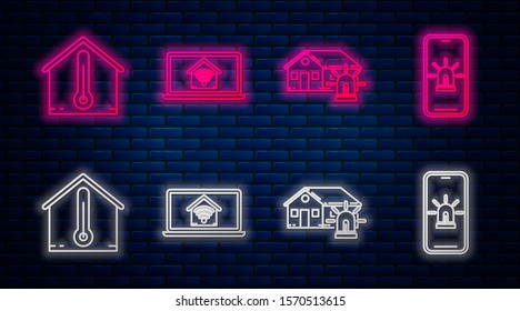 Set line Laptop with smart home with wi-fi, Smart house and alarm, House temperature and Mobile phone with smart house and alarm. Glowing neon icon on brick wall. Vector