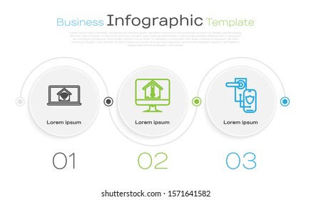 Set line Laptop with smart home with wi-fi, Computer monitor with house temperature and Digital door lock with wireless technology for lock. Business infographic template. Vector