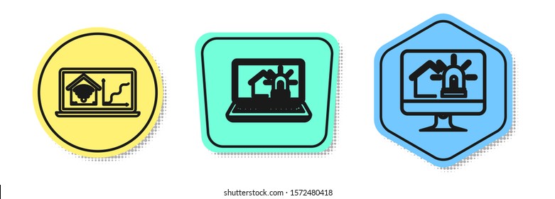 Set line Laptop with smart home with wi-fi, Laptop with smart house and alarm and Computer monitor with smart house and alarm. Colored shapes. Vector