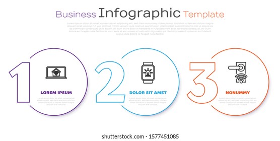 Set line Laptop with smart home with wi-fi, Smart watch with smart house and alarm and Digital door lock with wireless technology for unlock. Business infographic template. Vector