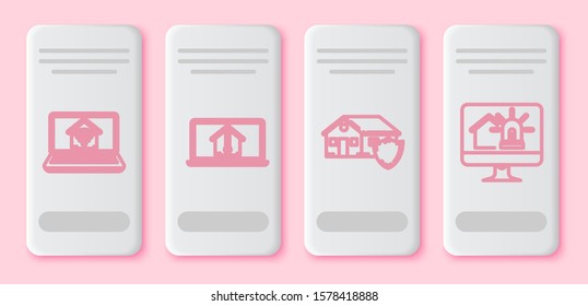 Set line Laptop with smart home with wi-fi, Laptop with house temperature, House under protection and Computer monitor with smart house and alarm. White rectangle button. Vector