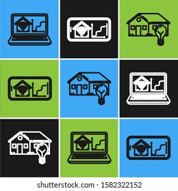 Set line Laptop with smart home with wi-fi, Smart house and light bulb and Mobile phone with smart home with wi-fi icon. Vector
