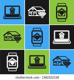 Set line Laptop with smart home, Smart watch with smart home with wi-fi and Smart home with wi-fi icon. Vector
