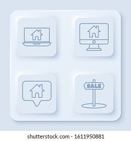 Set line Laptop and smart home, Computer monitor with smart home, Map pointer with house and Hanging sign with text Sale. White square button. Vector