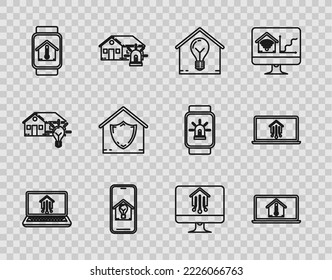 Set line Laptop with smart home, house temperature, Smart and light bulb, Mobile phone, watch, House under protection, Computer monitor and  icon. Vector