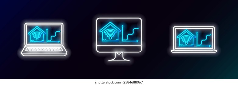 Set line Laptop with smart home with wi-fi,  and Computer monitor icon. Glowing neon. Vector