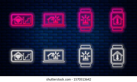 Set line Laptop with smart house and alarm, Smart watch with smart house and alarm, Mobile phone with smart home with wi-fi and house temperature. Glowing neon on brick wall. Vector