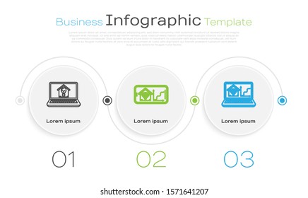 Set line Laptop with smart house and light bulb, Mobile phone with smart home with wi-fi and Laptop with smart home with wi-fi. Business infographic template. Vector