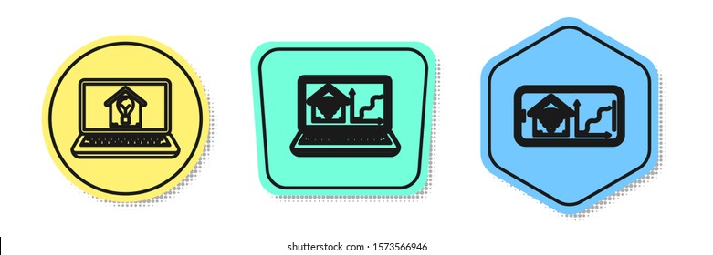Set line Laptop with smart house and light bulb, Laptop with smart home with wi-fi and Mobile phone with smart home with wi-fi. Colored shapes. Vector