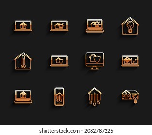 Set line Laptop with smart house and light bulb, Mobile phone home, Smart, under protection, wi-fi and Computer monitor icon. Vector