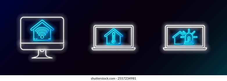 Set line Laptop with smart house and alarm, Computer monitor home wi-fi and temperature icon. Glowing neon. Vector