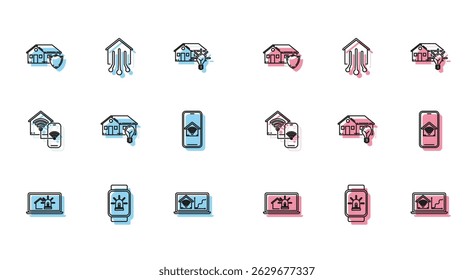 Set line Laptop with smart house and alarm, Smart watch, House under protection, home wi-fi, light bulb, Mobile phone,  and  icon. Vector