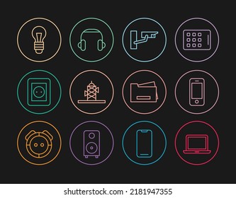 Set-Line-Laptop, Smartphone, Sicherheitskamera, Antenne, Steckdose, Glühbirne, Drucker und Kopfhörer Symbol. Vektorgrafik