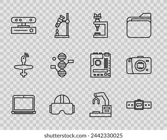 Set line Laptop, Smartwatch, Microscope, Virtual reality glasses, Motion sensor, DNA symbol, Robotic robot arm hand factory and Mirrorless camera icon. Vector