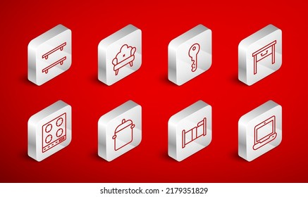 Set line Laptop, Sofa, House key, Furniture nightstand, Bed, Empty wooden shelves, Cooking pot and Gas stove icon. Vector