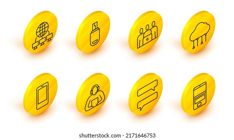 Set line Laptop, Speech bubble chat, Student, Mobile phone, Network cloud connection, Online class, USB flash drive and Computer network icon. Vector