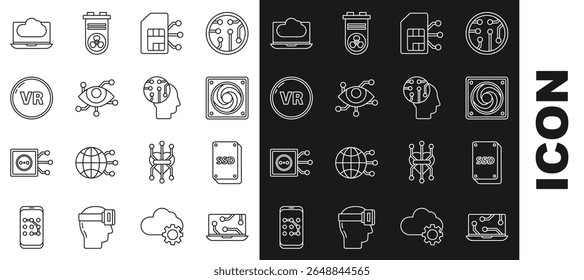 Set line Laptop, SSD card, Computer cooler, Sim, Virtual reality, Cloud technology data transfer and storage and Human brain as digital circuit board icon. Vector