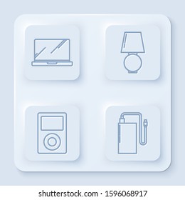 Set line Laptop , Table lamp , Music player  and Power bank with different charge cable . White square button. Vector