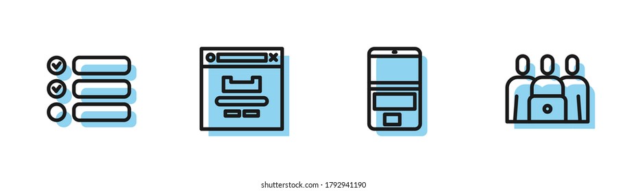 Set line Laptop, Task list, Browser window and Online class icon. Vector