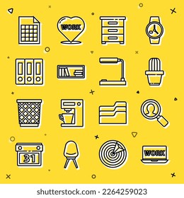 Set line Laptop with text work, Magnifying glass for search people, Cactus and succulent pot, Drawer documents, Shelf books, Office folders, File and Table lamp icon. Vector