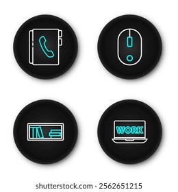 Set line Laptop with text work, Shelf books, Computer mouse and Address icon. Vector