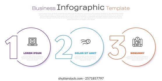 Set line Laptop time, Time flies on the clock and Project plan. Business infographic template. Vector