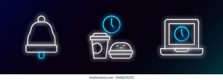 Set line Laptop time, Ringing bell and Fast food icon. Glowing neon. Vector