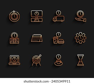 Línea Tiempo de portátil, Deporte de destino, Reloj con flecha, Café, Arena de vidrio de hormigón antiguo, Calendario, Gestión del tiempo e icono de comida rápida. Vector