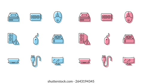 Set line Laptop, USB cable cord, Optical disc drive, Computer monitor screen, mouse, cooler, Case of computer and Hard disk HDD icon. Vector