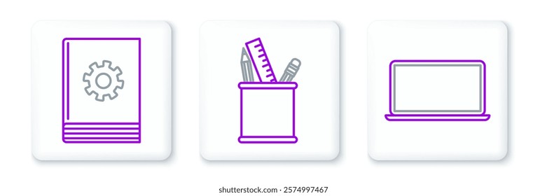 Set line Laptop, User manual and Pencil case stationery icon. Vector