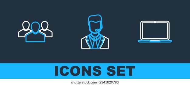 Ajuste la línea Portátil, Grupo de usuarios y Hombre con icono de auriculares. Vector