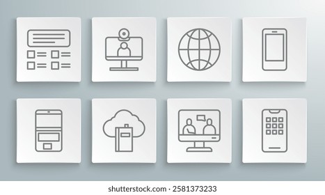 Set line Laptop, Video chat conference, Cloud or online library, Online education, Mobile phone, Social network,  and quiz, test, survey icon. Vector